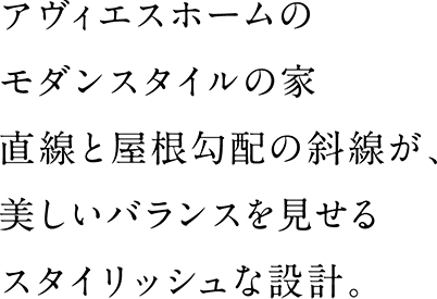 アヴィエスホームのモダンスタイルの家。直線と屋根勾配の車線が、美しいバランスを見せるスタイリッシュな設計